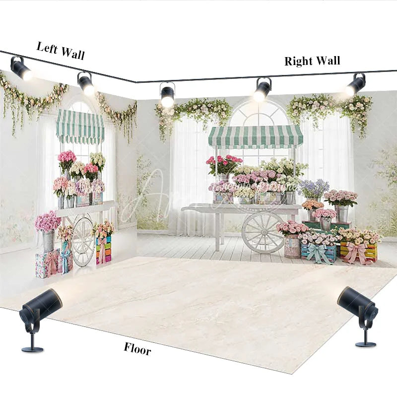 Aperturee - Aperturee Elegant Pastel Flower Cart Room Set Backdrop Striped Awnings and Greenery for Spring Photography Studio Decor