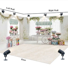 Aperturee - Aperturee Elegant Pastel Flower Cart Room Set Backdrop Striped Awnings and Greenery for Spring Photography Studio Decor