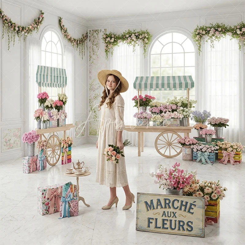 Aperturee - Aperturee Elegant Pastel Flower Cart Room Set Backdrop Striped Awnings and Greenery for Spring Photography Studio Decor