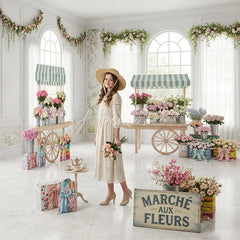 Aperturee - Aperturee Elegant Pastel Flower Cart Room Set Backdrop Striped Awnings and Greenery for Spring Photography Studio Decor
