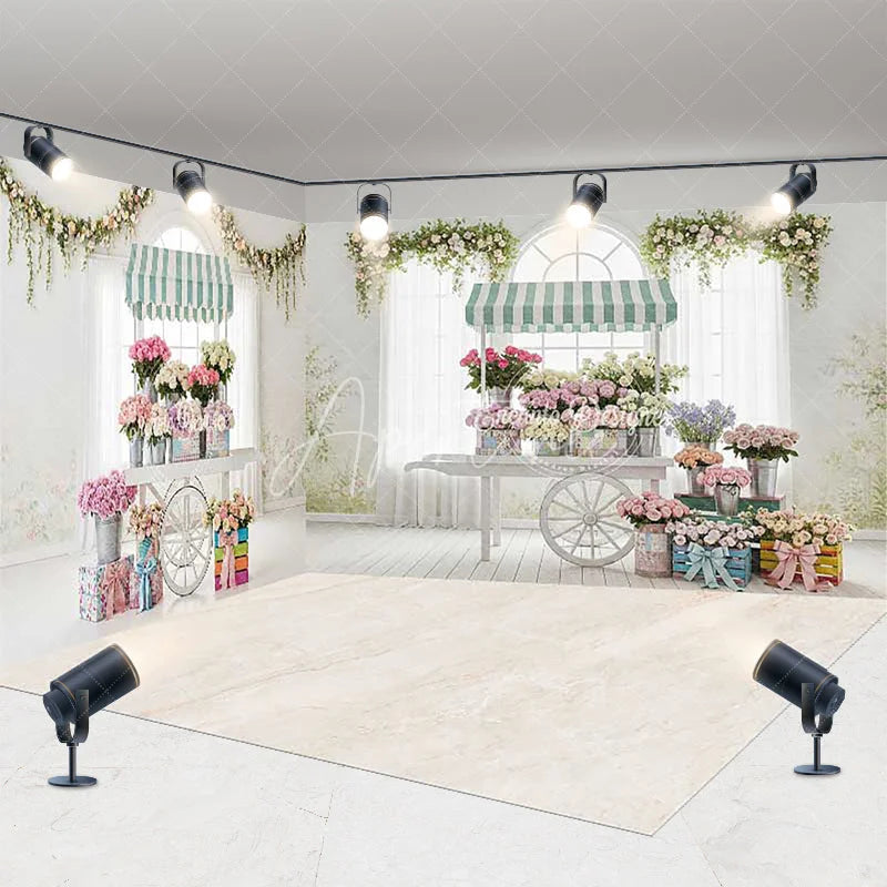 Aperturee - Aperturee Elegant Pastel Flower Cart Room Set Backdrop Striped Awnings and Greenery for Spring Photography Studio Decor