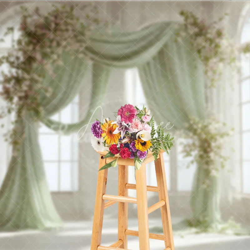 Aperturee - Aperturee Elegant Pastel Green Draped Arch Photography Backdrop with White and Pink Flowers Wedding and Baby Shower Decor