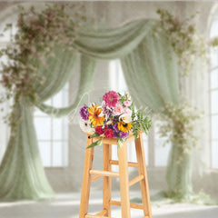 Aperturee - Aperturee Elegant Pastel Green Draped Arch Photography Backdrop with White and Pink Flowers Wedding and Baby Shower Decor