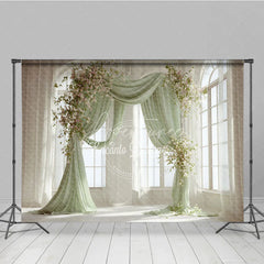 Aperturee - Aperturee Elegant Pastel Green Draped Arch Photography Backdrop with White and Pink Flowers Wedding and Baby Shower Decor