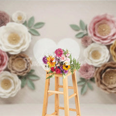 Aperturee - Aperturee Elegant Pastel Paper Flowers Photography Backdrop with a White Heart ideal for Baby Shower and Wedding Celebrations