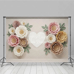Aperturee - Aperturee Elegant Pastel Paper Flowers Photography Backdrop with a White Heart ideal for Baby Shower and Wedding Celebrations