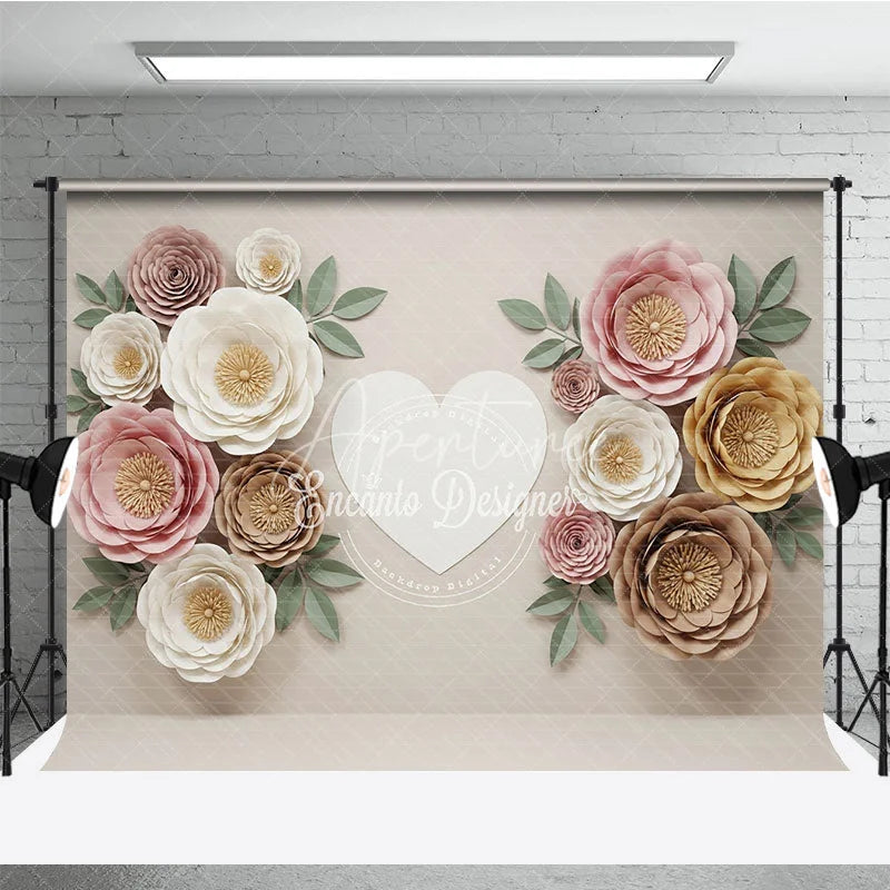 Aperturee - Aperturee Elegant Pastel Paper Flowers Photography Backdrop with a White Heart ideal for Baby Shower and Wedding Celebrations
