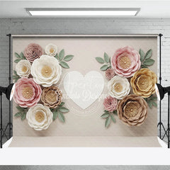 Aperturee - Aperturee Elegant Pastel Paper Flowers Photography Backdrop with a White Heart ideal for Baby Shower and Wedding Celebrations