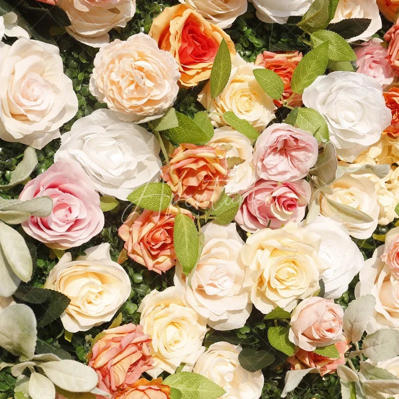 Aperturee - Aperturee Elegant Pastel Pink and Cream Artificial Flower Wall Romantic Rose and Green Foliage Backdrop for Wedding Party Decor
