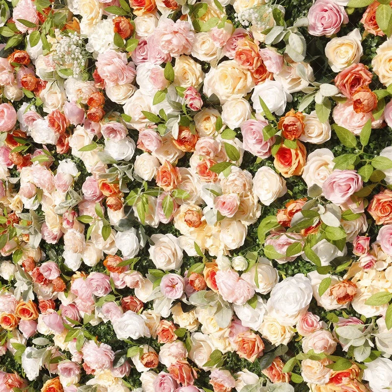 Aperturee - Aperturee Elegant Pastel Pink and Cream Artificial Flower Wall Romantic Rose and Green Foliage Backdrop for Wedding Party Decor