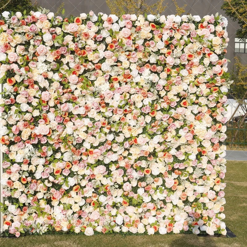 Aperturee - Aperturee Elegant Pastel Pink and Cream Artificial Flower Wall Romantic Rose and Green Foliage Backdrop for Wedding Party Decor