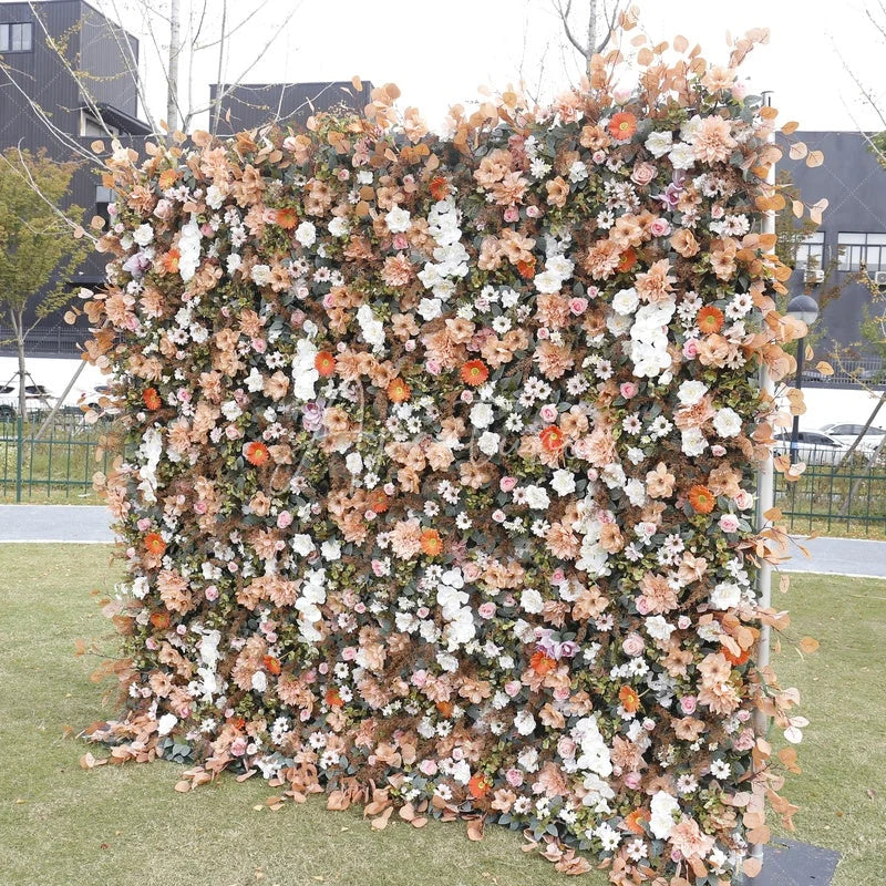 Aperturee - Aperturee Elegant Peach and Cream Artificial Flower Wall Lush Blush Pink and Orange Flowers for Wedding Party Decor