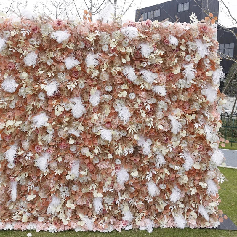 Aperturee - Aperturee Elegant Peach and Pink Artificial Flower Wall with White Feathers Romantic Roses and Pampas Grass Decor