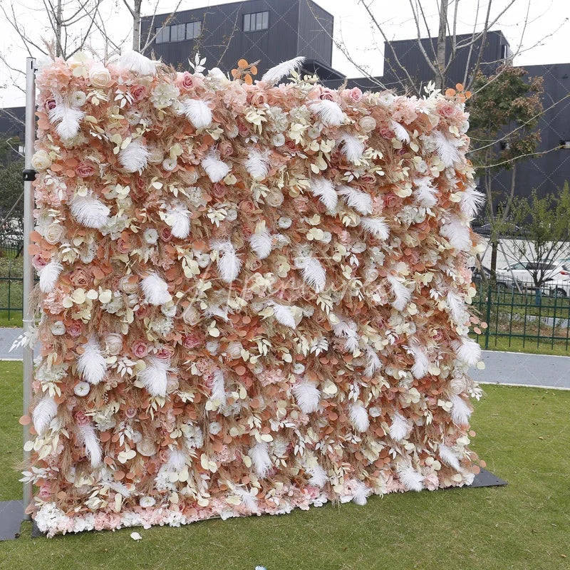 Aperturee - Aperturee Elegant Peach and Pink Artificial Flower Wall with White Feathers Romantic Roses and Pampas Grass Decor
