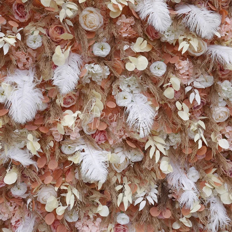 Aperturee - Aperturee Elegant Peach and Pink Artificial Flower Wall with White Feathers Romantic Roses and Pampas Grass Decor