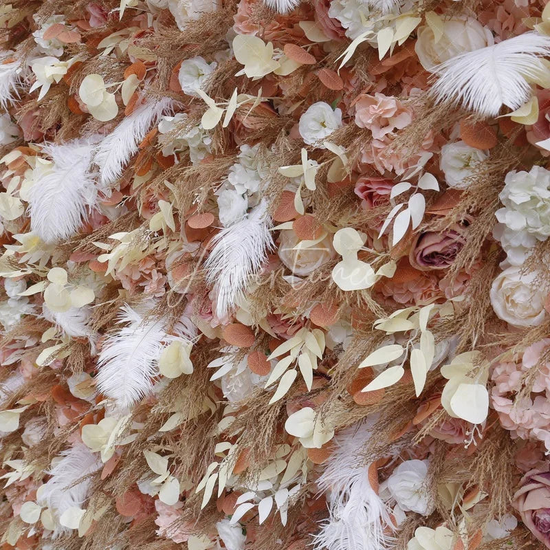 Aperturee - Aperturee Elegant Peach and Pink Artificial Flower Wall with White Feathers Romantic Roses and Pampas Grass Decor