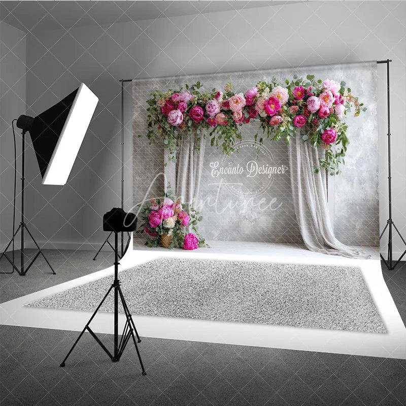 Aperturee - Aperturee Elegant Peony Floral Arch Photography Backdrop Grey Curtains on Textured Wall Wedding Photo Booth Background