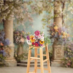 Aperturee - Aperturee Elegant Photography Backdrop with Classical Stone Columns Lush Floral Arrangements and an Arched Window