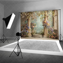 Aperturee - Aperturee Elegant Photography Backdrop with Classical Stone Columns Lush Floral Arrangements and an Arched Window