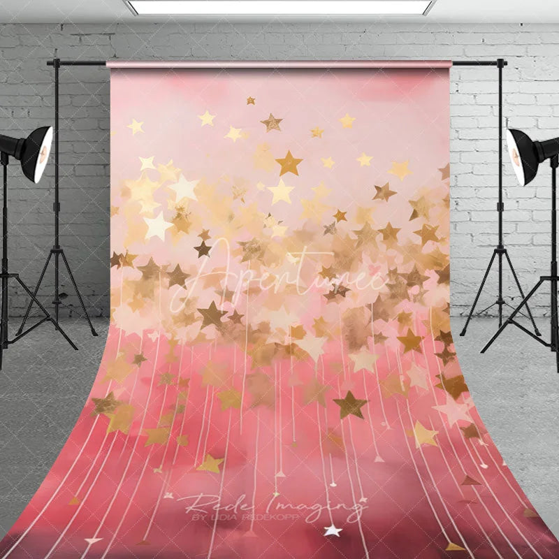 Aperturee - Aperturee Elegant Pink and Gold Falling Stars Sweep Backdrop Dreamy Celebration Photography Background for Birthday Parties