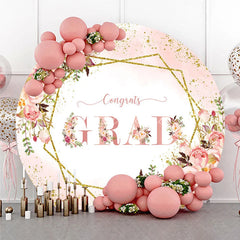 Aperturee - Aperturee Elegant Pink and Gold Glitter Graduation Round Backdrop Floral Congrats GRAD Design for Party Decor