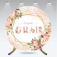 Aperturee - Aperturee Elegant Pink and Gold Glitter Graduation Round Backdrop Floral Congrats GRAD Design for Party Decor