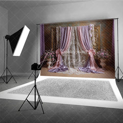 Aperturee - Aperturee Elegant Pink and Lavender Draped Curtains Photography Backdrop Golden Frame Lace and Floral Decor for Portraits