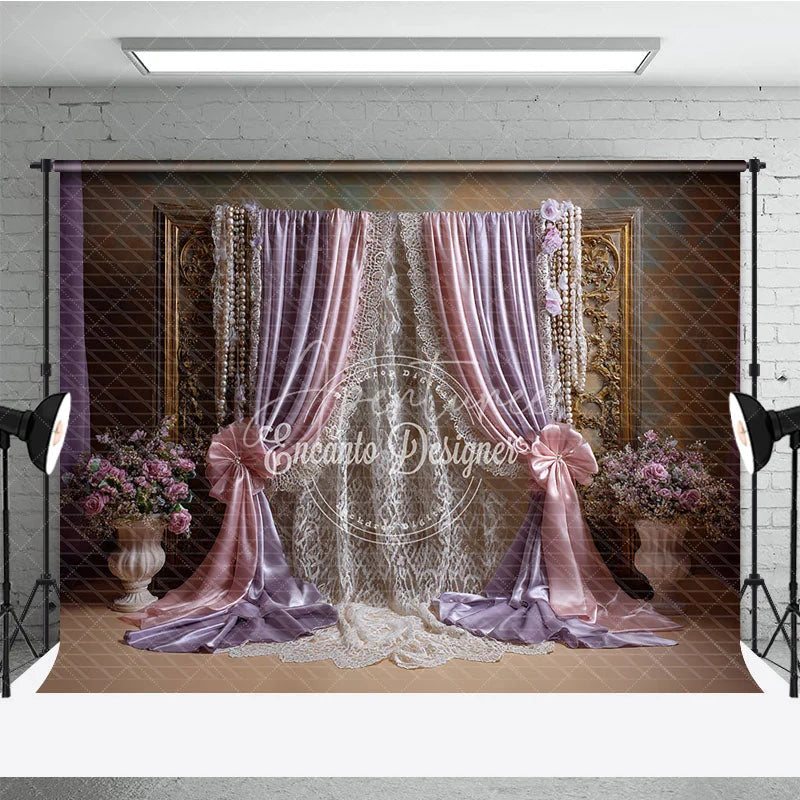 Aperturee - Aperturee Elegant Pink and Lavender Draped Curtains Photography Backdrop Golden Frame Lace and Floral Decor for Portraits