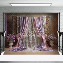 Aperturee - Aperturee Elegant Pink and Lavender Draped Curtains Photography Backdrop Golden Frame Lace and Floral Decor for Portraits