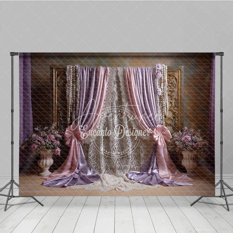 Aperturee - Aperturee Elegant Pink and Lavender Draped Curtains Photography Backdrop Golden Frame Lace and Floral Decor for Portraits