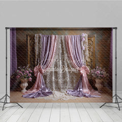 Aperturee - Aperturee Elegant Pink and Lavender Draped Curtains Photography Backdrop Golden Frame Lace and Floral Decor for Portraits