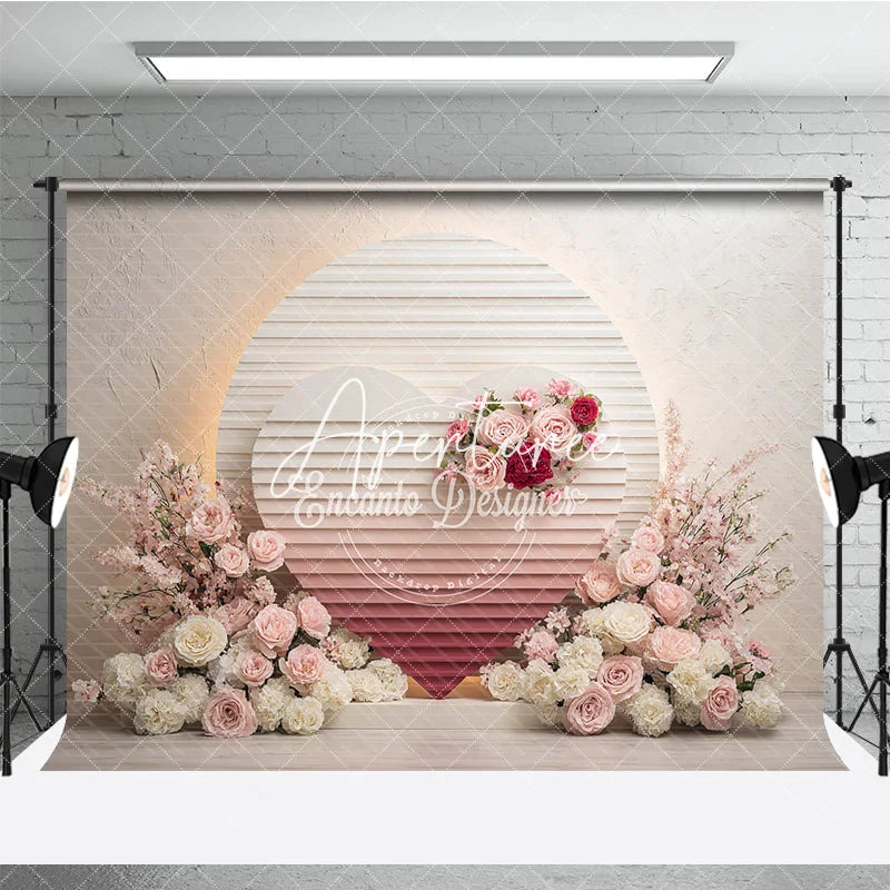 Aperturee - Aperturee Elegant Pink and Red Floral Heart Photography Backdrop Romantic Wedding or Valentine’s Day Party Decor