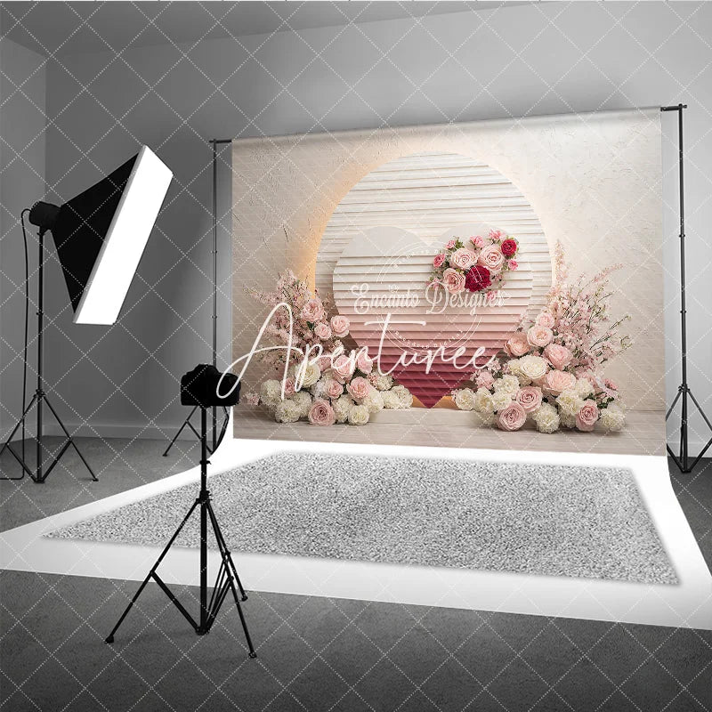 Aperturee - Aperturee Elegant Pink and Red Floral Heart Photography Backdrop Romantic Wedding or Valentine’s Day Party Decor