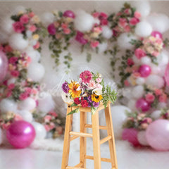 Aperturee - Aperturee Elegant Pink and White Balloons Floral Photography Backdrop with Number One for First Birthday Celebration