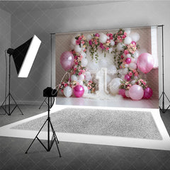 Aperturee - Aperturee Elegant Pink and White Balloons Floral Photography Backdrop with Number One for First Birthday Celebration