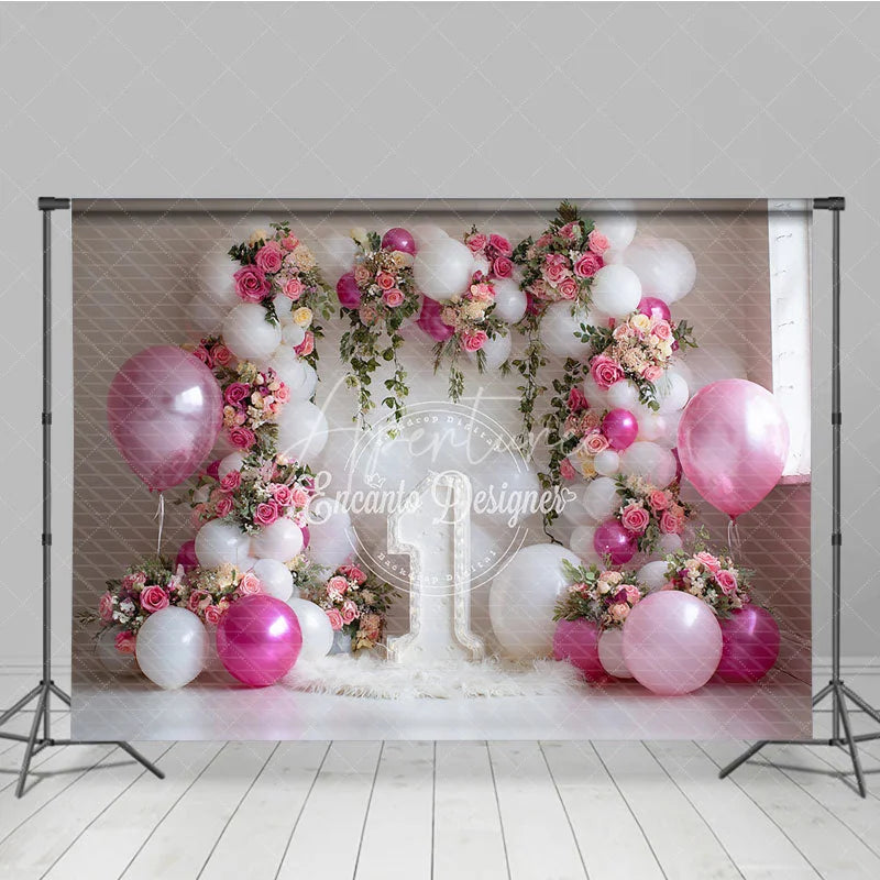 Aperturee - Aperturee Elegant Pink and White Balloons Floral Photography Backdrop with Number One for First Birthday Celebration