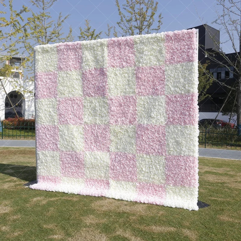 Aperturee - Aperturee Elegant Pink and White Checkerboard Artificial Flower Wall Romantic Rose Backdrop for Wedding Party Decor