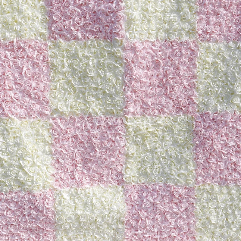 Aperturee - Aperturee Elegant Pink and White Checkerboard Artificial Flower Wall Romantic Rose Backdrop for Wedding Party Decor