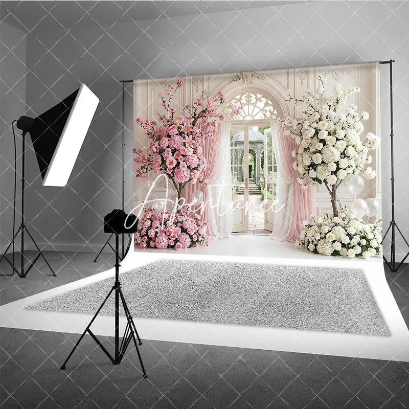 Aperturee - Aperturee Elegant Pink and White Floral Archway Photography Backdrop Garden and Sheer Curtains Romantic Wedding Party Decor