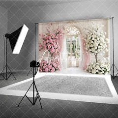 Aperturee - Aperturee Elegant Pink and White Floral Archway Photography Backdrop Garden and Sheer Curtains Romantic Wedding Party Decor