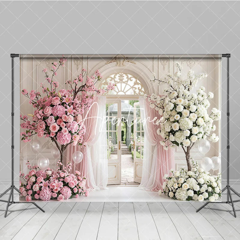 Aperturee - Aperturee Elegant Pink and White Floral Archway Photography Backdrop Garden and Sheer Curtains Romantic Wedding Party Decor