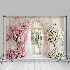 Aperturee - Aperturee Elegant Pink and White Floral Archway Photography Backdrop Garden and Sheer Curtains Romantic Wedding Party Decor