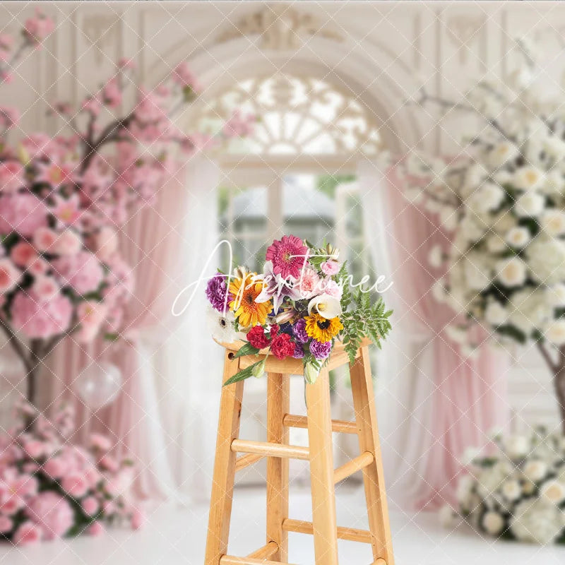 Aperturee - Aperturee Elegant Pink and White Floral Archway Photography Backdrop Garden and Sheer Curtains Romantic Wedding Party Decor