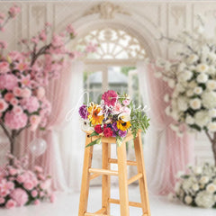 Aperturee - Aperturee Elegant Pink and White Floral Archway Photography Backdrop Garden and Sheer Curtains Romantic Wedding Party Decor
