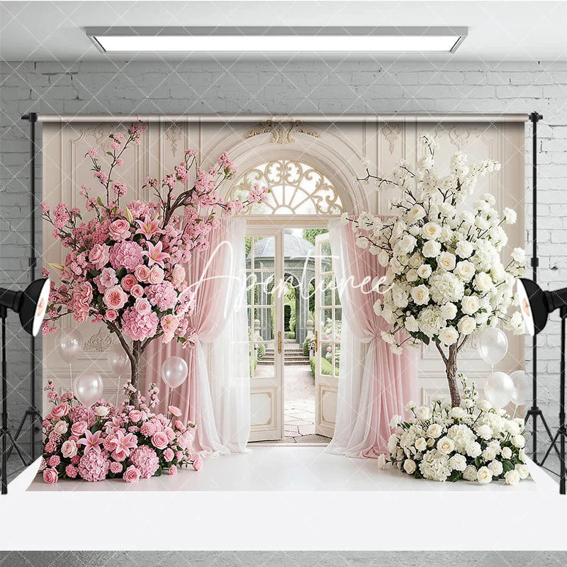 Aperturee - Aperturee Elegant Pink and White Floral Archway Photography Backdrop Garden and Sheer Curtains Romantic Wedding Party Decor