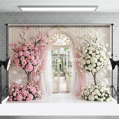 Aperturee - Aperturee Elegant Pink and White Floral Archway Photography Backdrop Garden and Sheer Curtains Romantic Wedding Party Decor