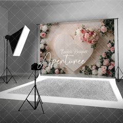 Aperturee - Aperturee Elegant Pink and White Floral Heart Photography Backdrop Roses and Peonies Romantic Celebration Decor for Portraits