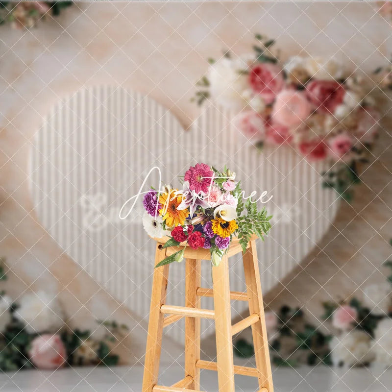 Aperturee - Aperturee Elegant Pink and White Floral Heart Photography Backdrop Roses and Peonies Romantic Celebration Decor for Portraits