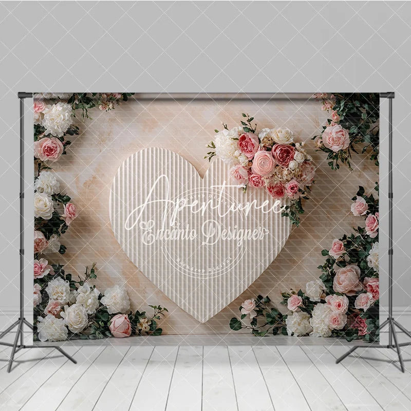 Aperturee - Aperturee Elegant Pink and White Floral Heart Photography Backdrop Roses and Peonies Romantic Celebration Decor for Portraits