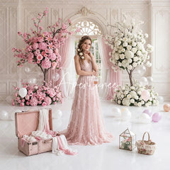 Aperturee - Aperturee Elegant Pink and White Floral Tree Archway Combo Set Backdrop Garden Door Wedding Baby Shower Decor